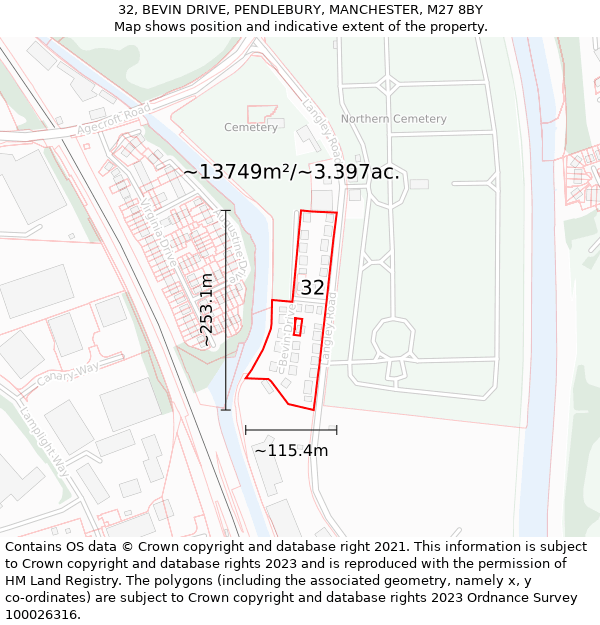 32, BEVIN DRIVE, PENDLEBURY, MANCHESTER, M27 8BY: Plot and title map