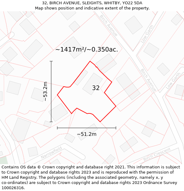 32, BIRCH AVENUE, SLEIGHTS, WHITBY, YO22 5DA: Plot and title map