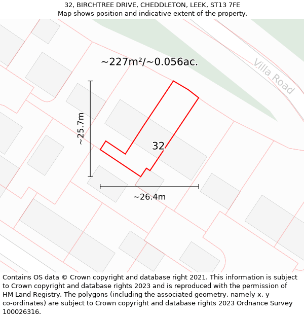 32, BIRCHTREE DRIVE, CHEDDLETON, LEEK, ST13 7FE: Plot and title map