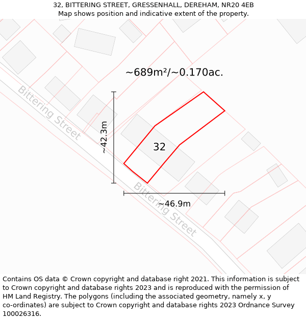 32, BITTERING STREET, GRESSENHALL, DEREHAM, NR20 4EB: Plot and title map