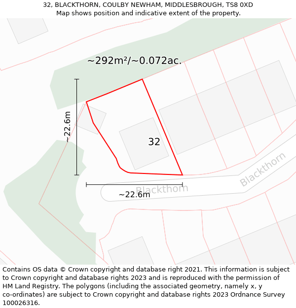 32, BLACKTHORN, COULBY NEWHAM, MIDDLESBROUGH, TS8 0XD: Plot and title map