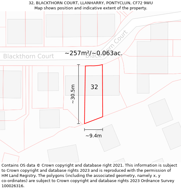 32, BLACKTHORN COURT, LLANHARRY, PONTYCLUN, CF72 9WU: Plot and title map