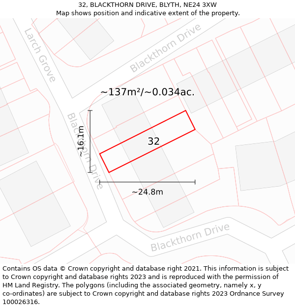 32, BLACKTHORN DRIVE, BLYTH, NE24 3XW: Plot and title map