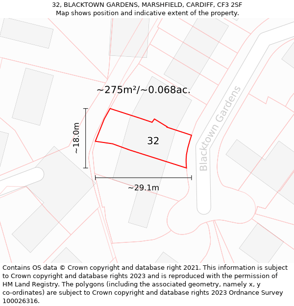 32, BLACKTOWN GARDENS, MARSHFIELD, CARDIFF, CF3 2SF: Plot and title map