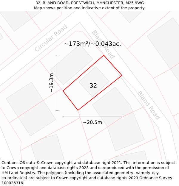 32, BLAND ROAD, PRESTWICH, MANCHESTER, M25 9WG: Plot and title map