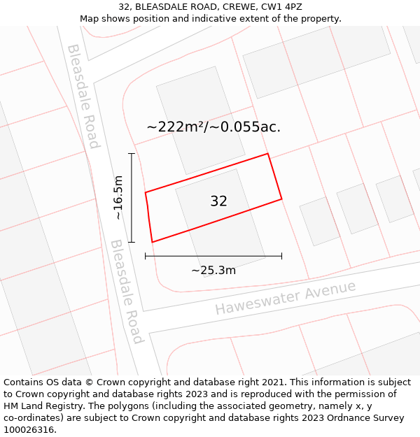 32, BLEASDALE ROAD, CREWE, CW1 4PZ: Plot and title map