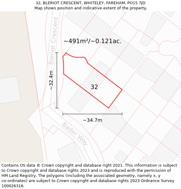 32, BLERIOT CRESCENT, WHITELEY, FAREHAM, PO15 7JD: Plot and title map