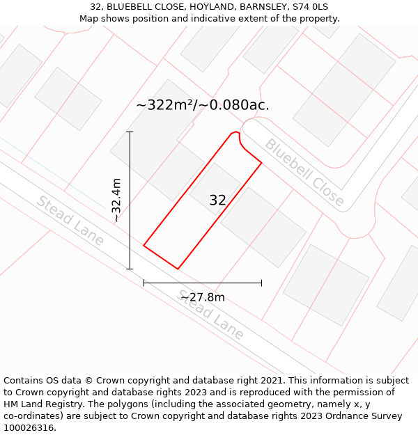 32, BLUEBELL CLOSE, HOYLAND, BARNSLEY, S74 0LS: Plot and title map