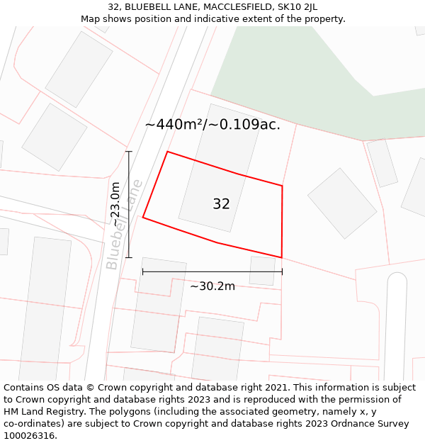 32, BLUEBELL LANE, MACCLESFIELD, SK10 2JL: Plot and title map