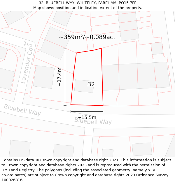 32, BLUEBELL WAY, WHITELEY, FAREHAM, PO15 7FF: Plot and title map