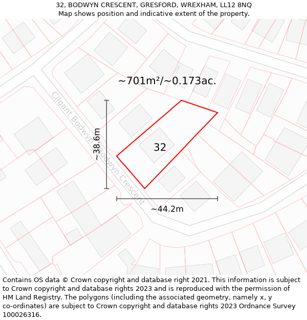 32, BODWYN CRESCENT, GRESFORD, WREXHAM, LL12 8NQ: Plot and title map