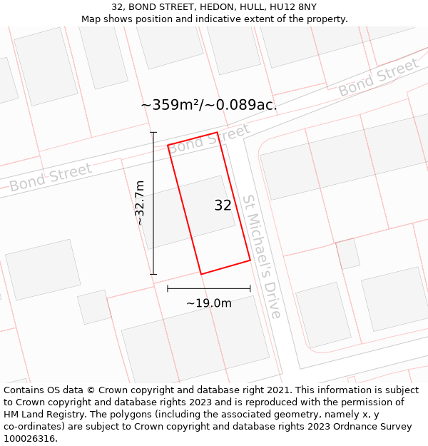 32, BOND STREET, HEDON, HULL, HU12 8NY: Plot and title map