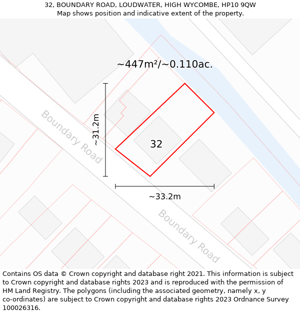 32, BOUNDARY ROAD, LOUDWATER, HIGH WYCOMBE, HP10 9QW: Plot and title map