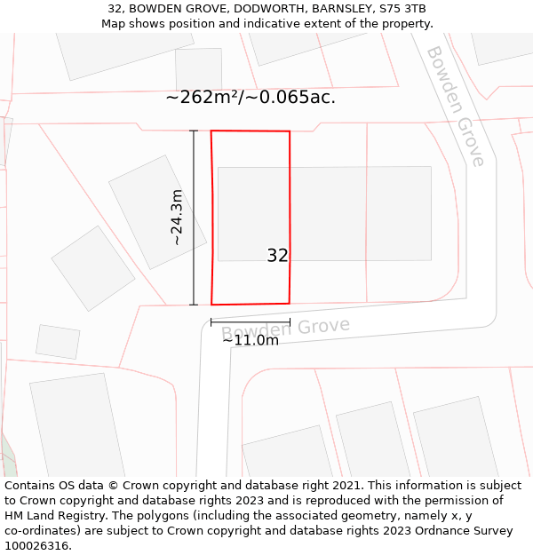 32, BOWDEN GROVE, DODWORTH, BARNSLEY, S75 3TB: Plot and title map