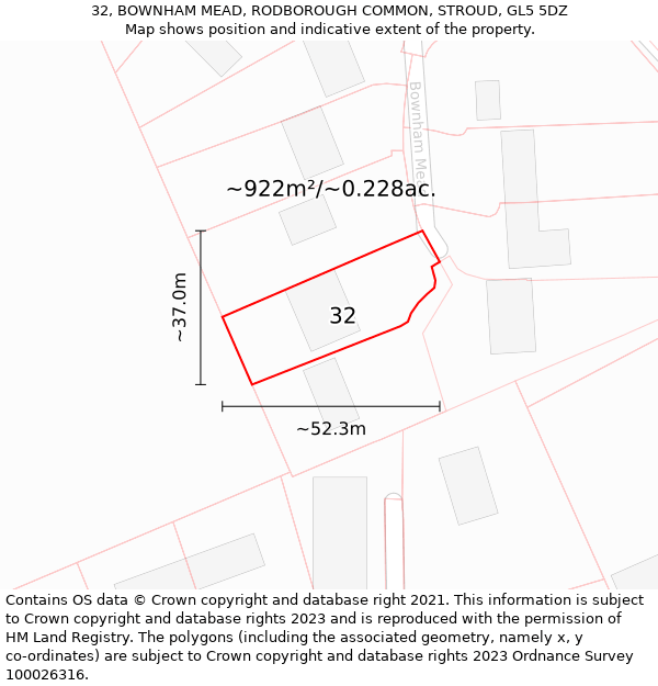 32, BOWNHAM MEAD, RODBOROUGH COMMON, STROUD, GL5 5DZ: Plot and title map