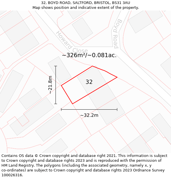 32, BOYD ROAD, SALTFORD, BRISTOL, BS31 3AU: Plot and title map