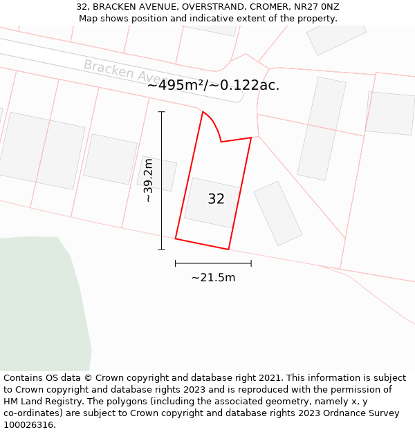 32, BRACKEN AVENUE, OVERSTRAND, CROMER, NR27 0NZ: Plot and title map