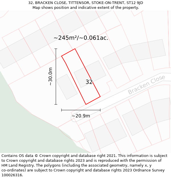32, BRACKEN CLOSE, TITTENSOR, STOKE-ON-TRENT, ST12 9JD: Plot and title map