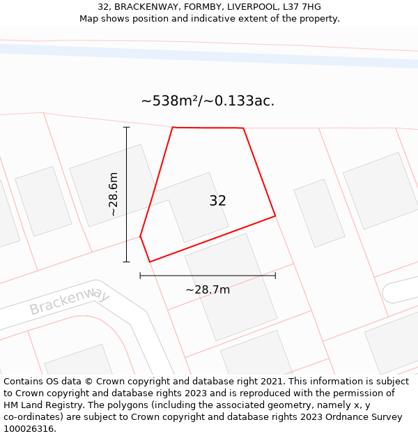 32, BRACKENWAY, FORMBY, LIVERPOOL, L37 7HG: Plot and title map