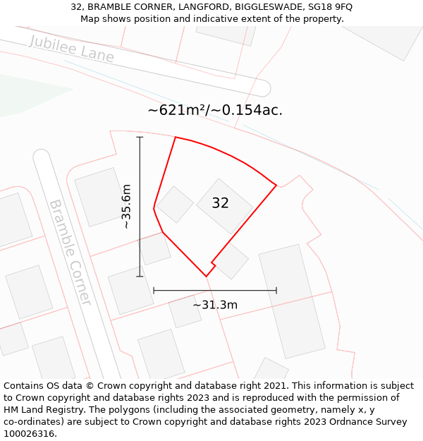 32, BRAMBLE CORNER, LANGFORD, BIGGLESWADE, SG18 9FQ: Plot and title map