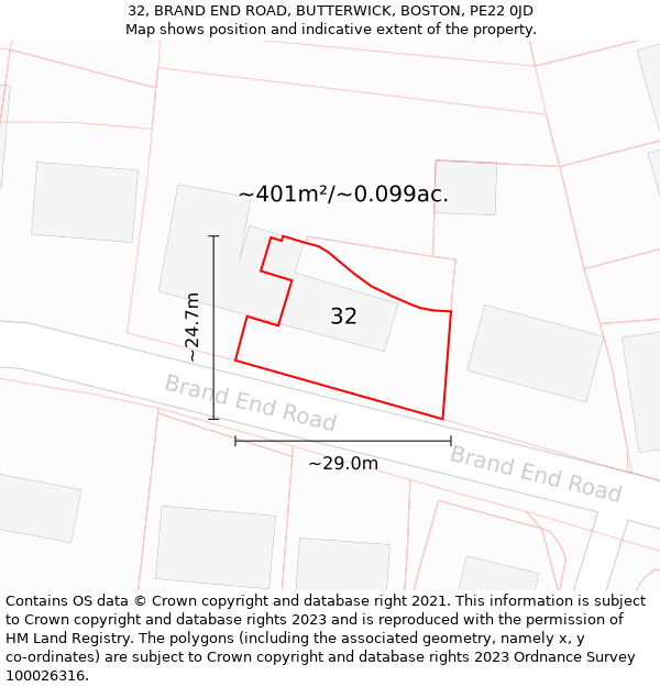 32, BRAND END ROAD, BUTTERWICK, BOSTON, PE22 0JD: Plot and title map