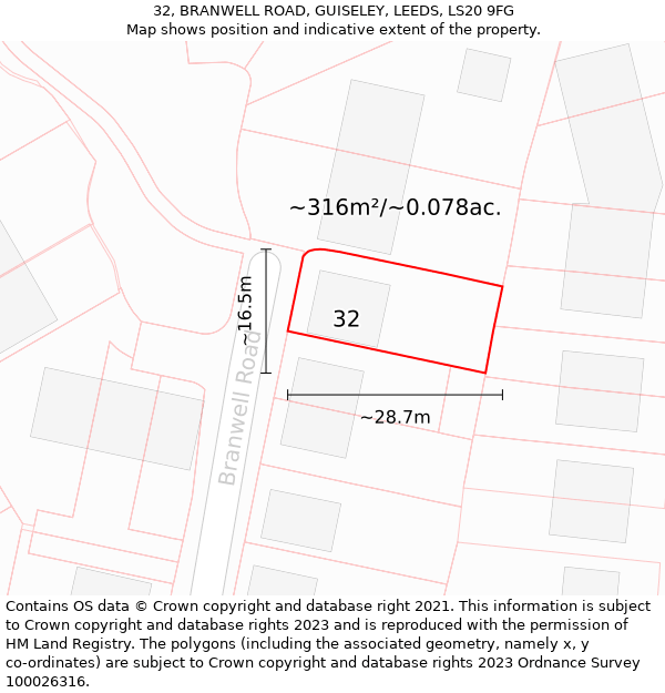 32, BRANWELL ROAD, GUISELEY, LEEDS, LS20 9FG: Plot and title map