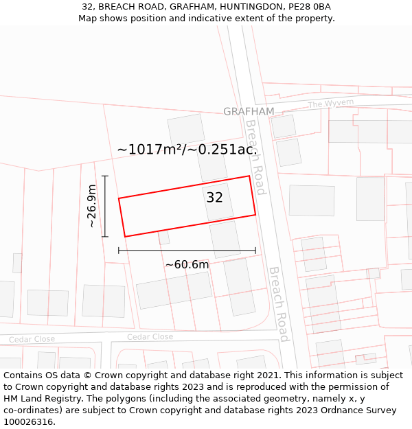 32, BREACH ROAD, GRAFHAM, HUNTINGDON, PE28 0BA: Plot and title map