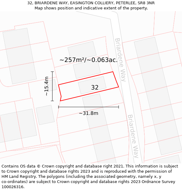 32, BRIARDENE WAY, EASINGTON COLLIERY, PETERLEE, SR8 3NR: Plot and title map