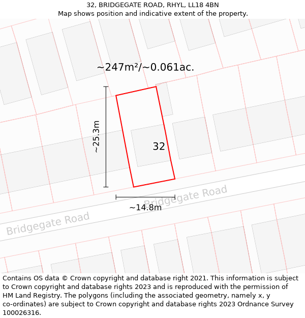 32, BRIDGEGATE ROAD, RHYL, LL18 4BN: Plot and title map