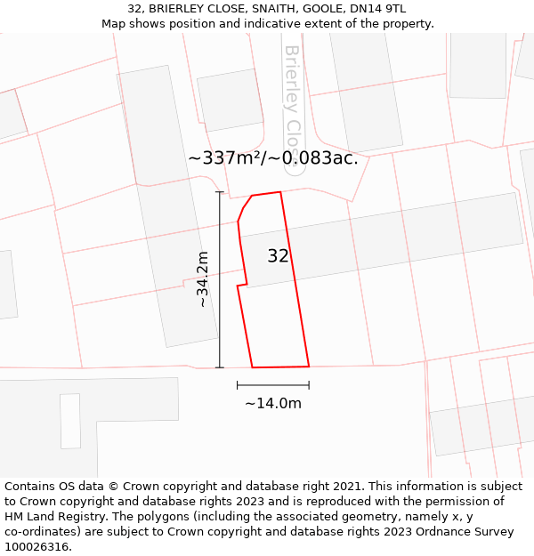 32, BRIERLEY CLOSE, SNAITH, GOOLE, DN14 9TL: Plot and title map