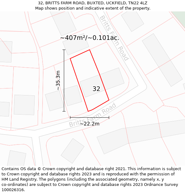 32, BRITTS FARM ROAD, BUXTED, UCKFIELD, TN22 4LZ: Plot and title map