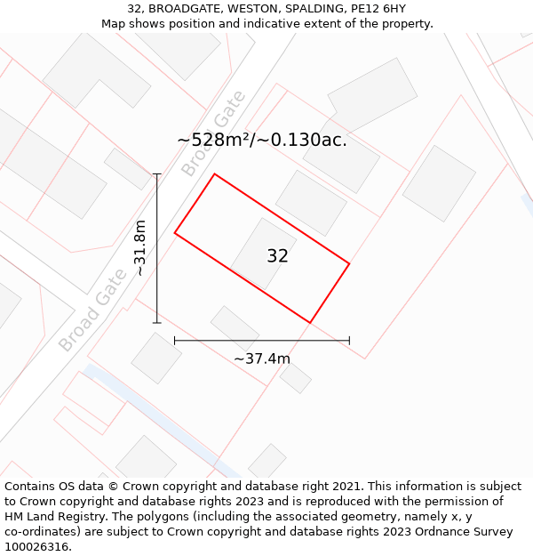 32, BROADGATE, WESTON, SPALDING, PE12 6HY: Plot and title map