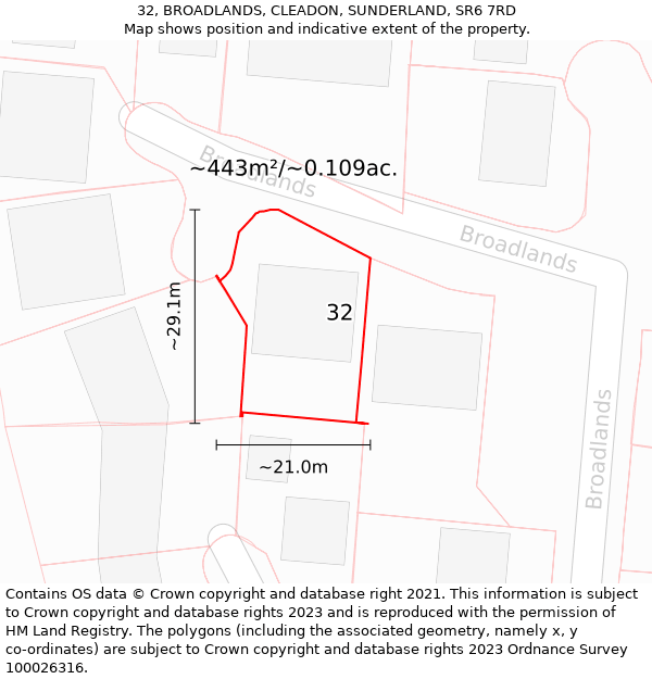 32, BROADLANDS, CLEADON, SUNDERLAND, SR6 7RD: Plot and title map