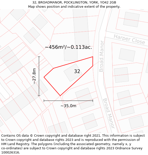 32, BROADMANOR, POCKLINGTON, YORK, YO42 2GB: Plot and title map