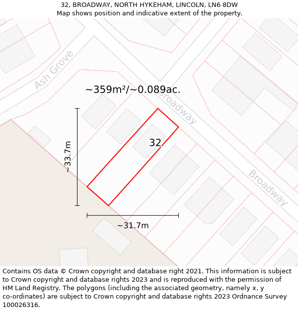 32, BROADWAY, NORTH HYKEHAM, LINCOLN, LN6 8DW: Plot and title map