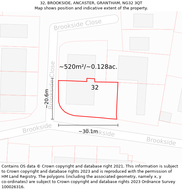 32, BROOKSIDE, ANCASTER, GRANTHAM, NG32 3QT: Plot and title map