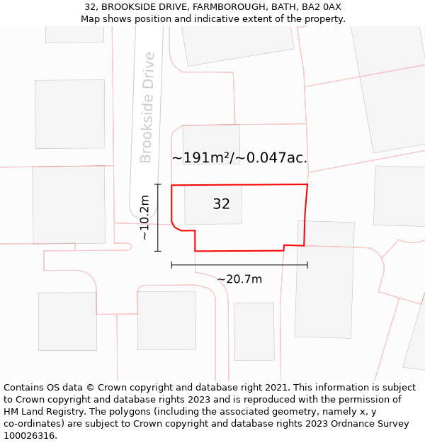 32, BROOKSIDE DRIVE, FARMBOROUGH, BATH, BA2 0AX: Plot and title map