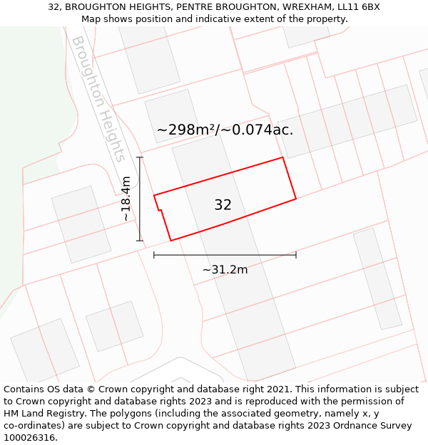 32, BROUGHTON HEIGHTS, PENTRE BROUGHTON, WREXHAM, LL11 6BX: Plot and title map