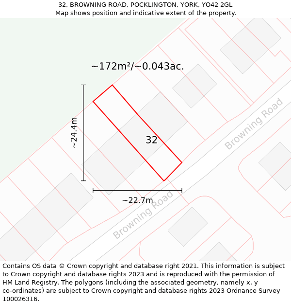 32, BROWNING ROAD, POCKLINGTON, YORK, YO42 2GL: Plot and title map