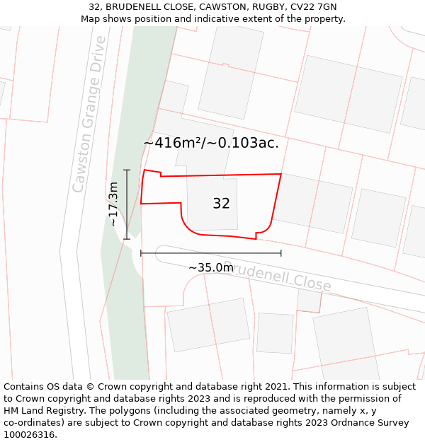 32, BRUDENELL CLOSE, CAWSTON, RUGBY, CV22 7GN: Plot and title map