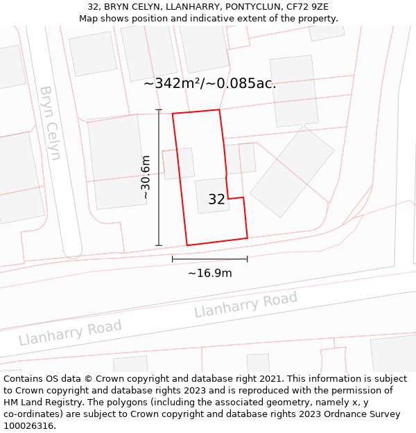 32, BRYN CELYN, LLANHARRY, PONTYCLUN, CF72 9ZE: Plot and title map