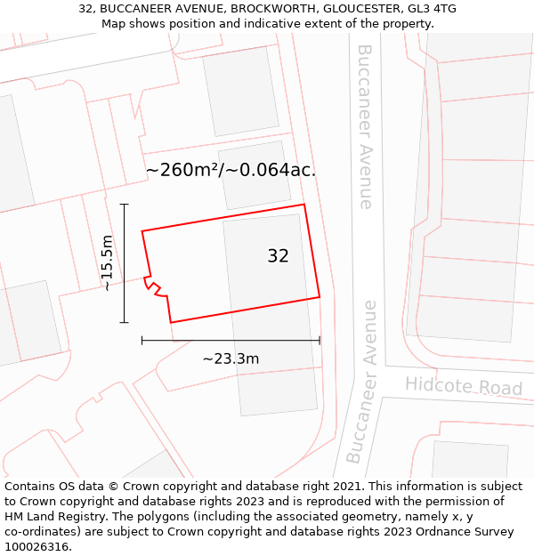 32, BUCCANEER AVENUE, BROCKWORTH, GLOUCESTER, GL3 4TG: Plot and title map