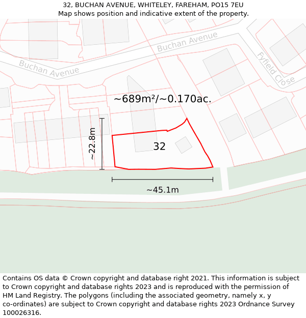 32, BUCHAN AVENUE, WHITELEY, FAREHAM, PO15 7EU: Plot and title map