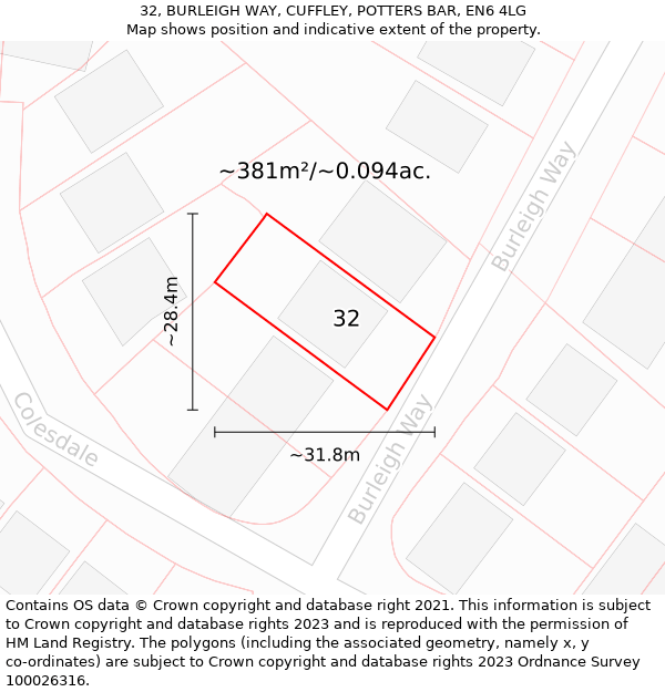 32, BURLEIGH WAY, CUFFLEY, POTTERS BAR, EN6 4LG: Plot and title map