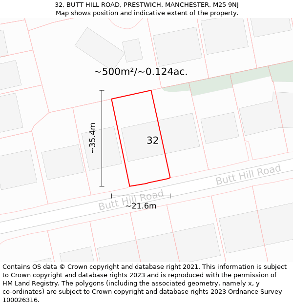 32, BUTT HILL ROAD, PRESTWICH, MANCHESTER, M25 9NJ: Plot and title map