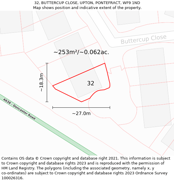 32, BUTTERCUP CLOSE, UPTON, PONTEFRACT, WF9 1ND: Plot and title map