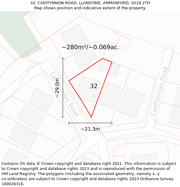 32, CAEFFYNNON ROAD, LLANDYBIE, AMMANFORD, SA18 2TH: Plot and title map