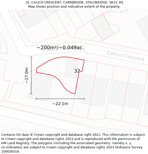 32, CALICO CRESCENT, CARRBROOK, STALYBRIDGE, SK15 3FJ: Plot and title map