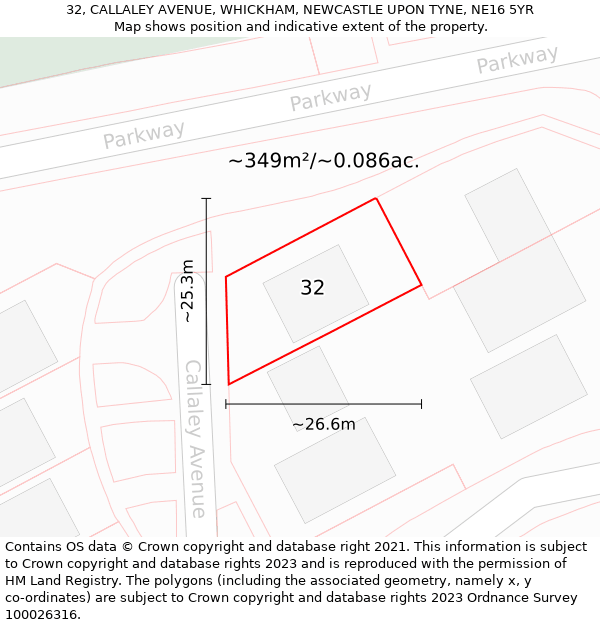 32, CALLALEY AVENUE, WHICKHAM, NEWCASTLE UPON TYNE, NE16 5YR: Plot and title map