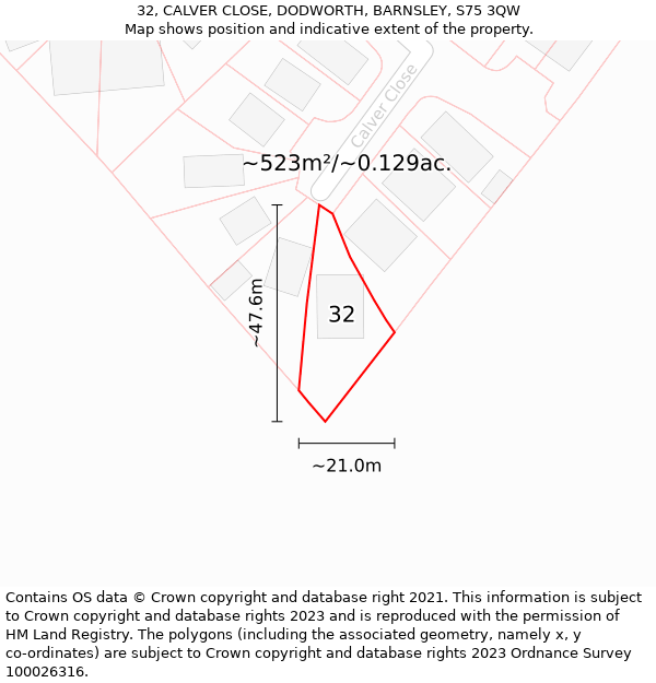 32, CALVER CLOSE, DODWORTH, BARNSLEY, S75 3QW: Plot and title map